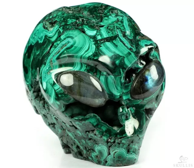 4.1" Malachite Star Being Female Alien, Labradorite Eyes Crystal Skull Companion