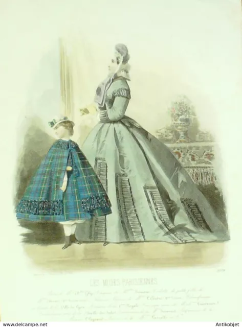 Gravure Modes parisiennes 1863 n°1078 Robe perkale brodée mantelet enfant