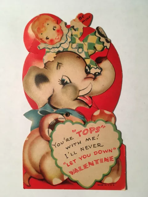 Antique Mechanical Die Cut Valentine Card Big Top Circus Elephant & Clown