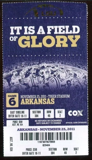 College Football Ticket LSU Tigers 2011 - 11/25 - Arkansas - Tyrann Mathieu