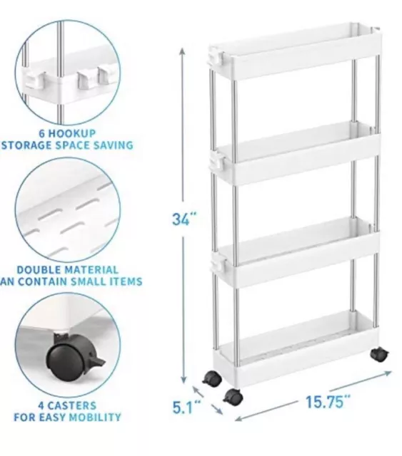 Chariot de rangement mince à 4 niveaux étagère mobile organisateur stockage coulissant 2