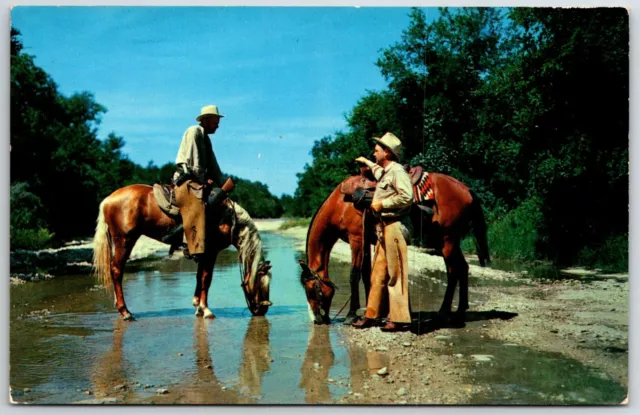 VTG Cowboys Chaps Horses Stream Creek Water Welcome Pause on the Trail Postcard