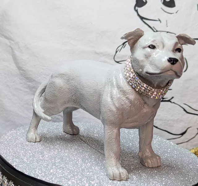 Staffordshire Bull Dog Statue, luxury grey coat, with diamond chunky collar