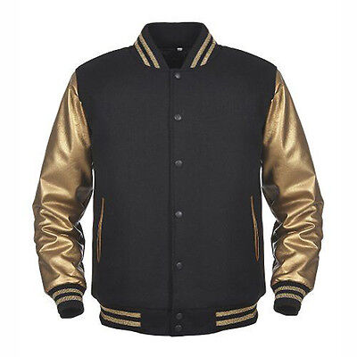 Black Varsity Wool & Synthetic Gold Leather Letterman Jacket with Lining Rib
