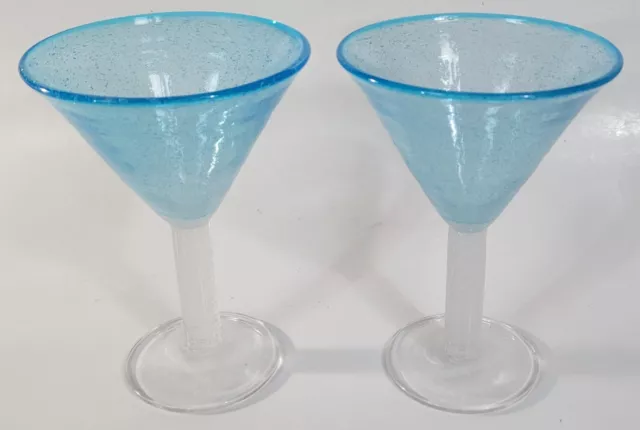 Artisan Aqua Bubble Blue Bowl Clear Stem Base Margarita Martini Glass Handblown