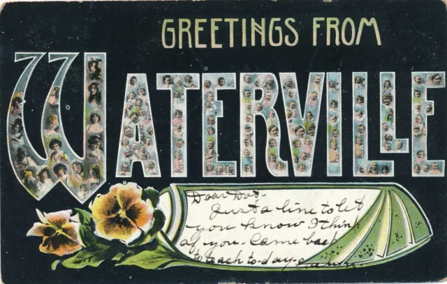 WATERVILLE ME-Greetings From Waterville Many Faces and Flowers Postcard-udb-1907