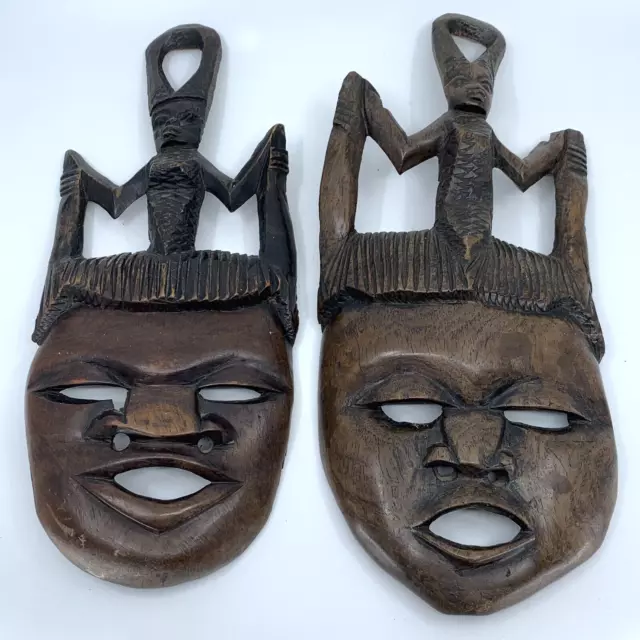 Vintage Pair Hand Carved Wood African Wooden Masks Tribal Wall Art 13"