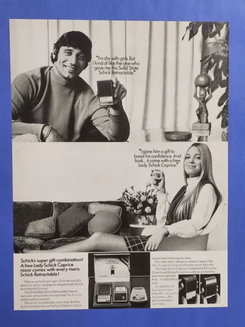 1969 Vintage Print Ad Schick Retractable Electric Razor Lady Schick Joe Namath