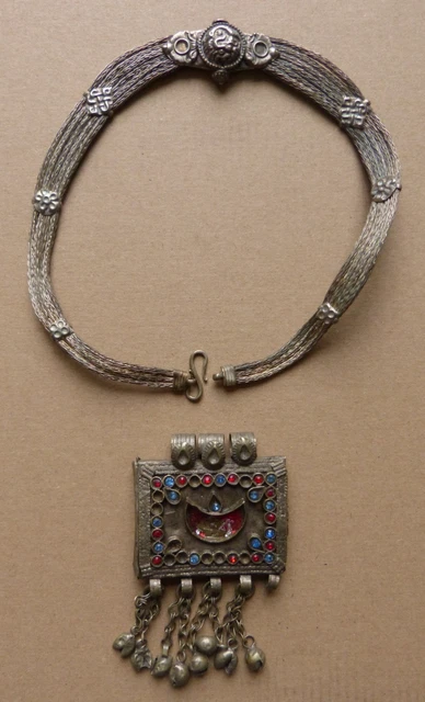 Collier Long Vintage Années 80 - Pierre Orange & Breloque Métal Sur Chaîne Cuir - Style Ethnique