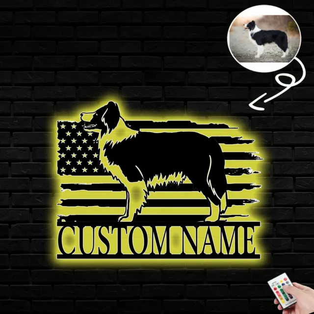 Personalized Border collie Dog American Flag Metal Sign Led Lights Custom Photo