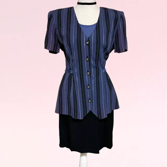 vintage 80s 90s academia boss corpcore blue black pinstripe peplum midi dress M