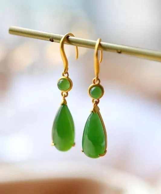 Antique Vintage Natural Green Jade Drop Earring 14k Yellow Gold Fn Jade Earring