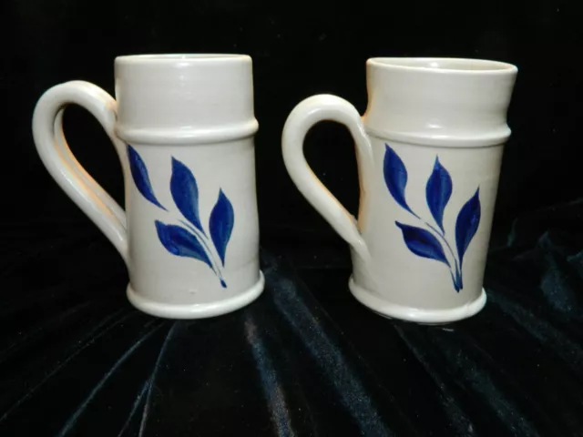 Williamsburg Pottery Stein Beer Mug Salt Glazed Blue Leaves  5 in EUC Lot of 2