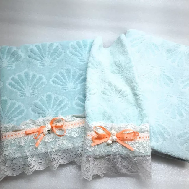 Vintage Cannon Royal Family Bath Towels Washcloth aqua blue seafoam shells lace