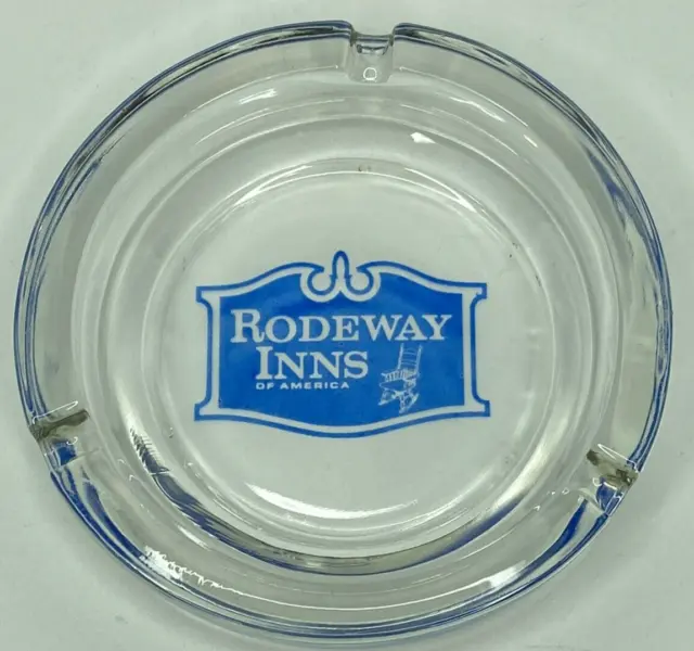 Vintage 1960’s Rodeway Inns of America Glass Ashtray Clear Blue Round