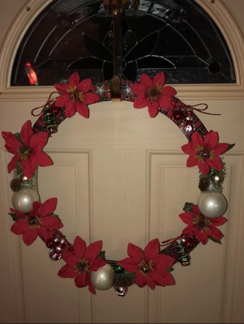 Handmade 18” Red Poinsetta Christmas Wreath w Santa Snowman Tree Ornaments