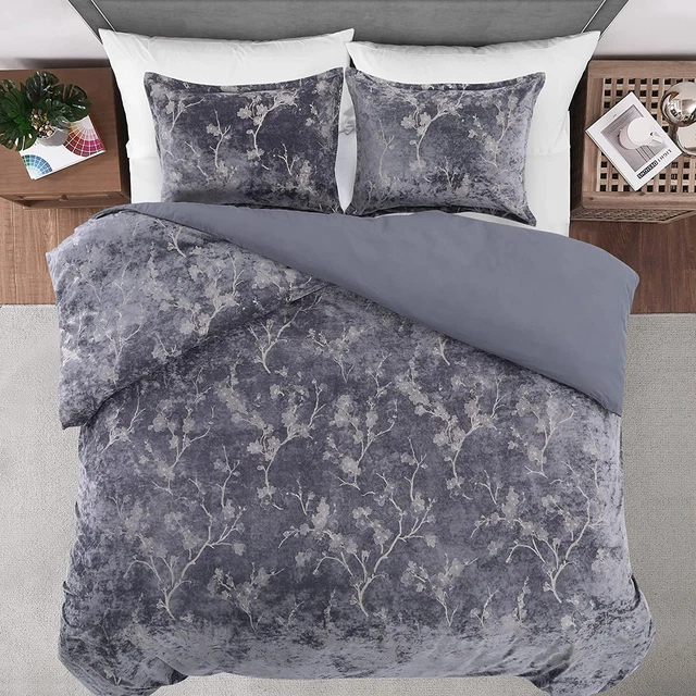 Soft Luxurious Floral Metallic Printed Velvet Duvet Cover 3PCS Set with Button C