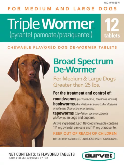 Triple Wormer Broad Spectrum De Wormer Medium Large Dogs 25 Pounds Plus 12 Tabs