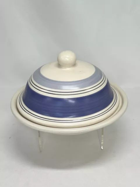 Pfaltzgraff Rio Round Dome Covered Butter/Cheese Dish Stoneware Blue Stripe