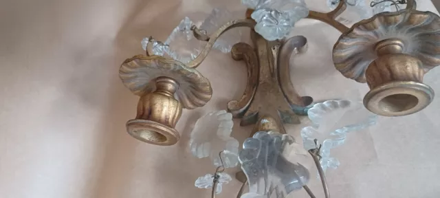 vintage french gilt brass sconce with crystal drops. 2