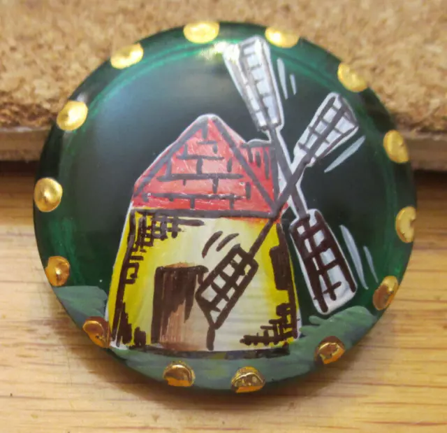 1-Czech Glass Hand Painted Multicolored Dutch Windmill-Green Button #84