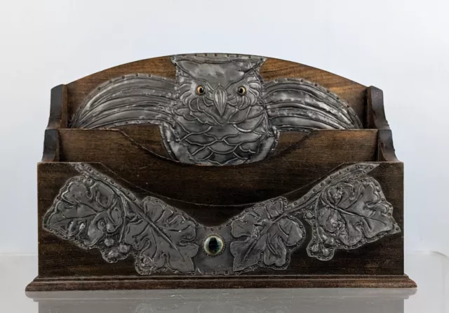 Antique Arts & Crafts Art Nouveau c1900 Ruskin pewter Owl wood Desk letter Rack
