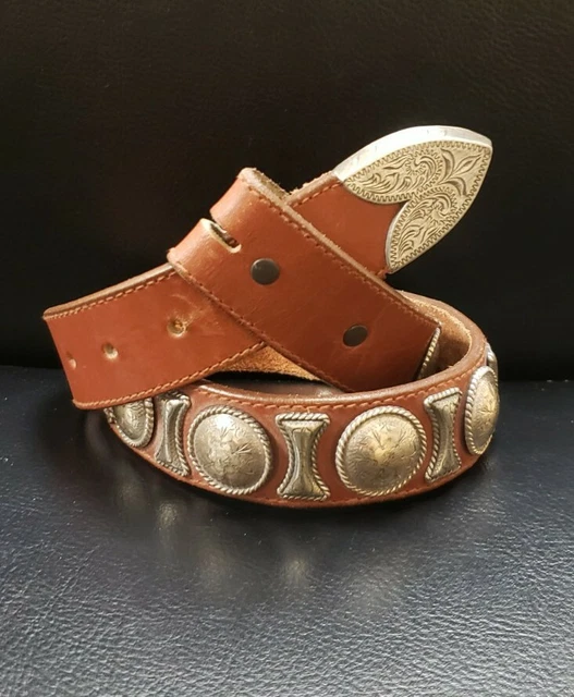 Vintage Rare 1994 Tony Lama Western Brown Leather Belt Silvertone Conchos Sz 30