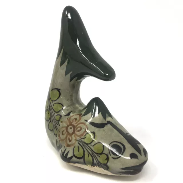 Vtg FISH Figurine Glazed Ceramic Green Floral Mexico