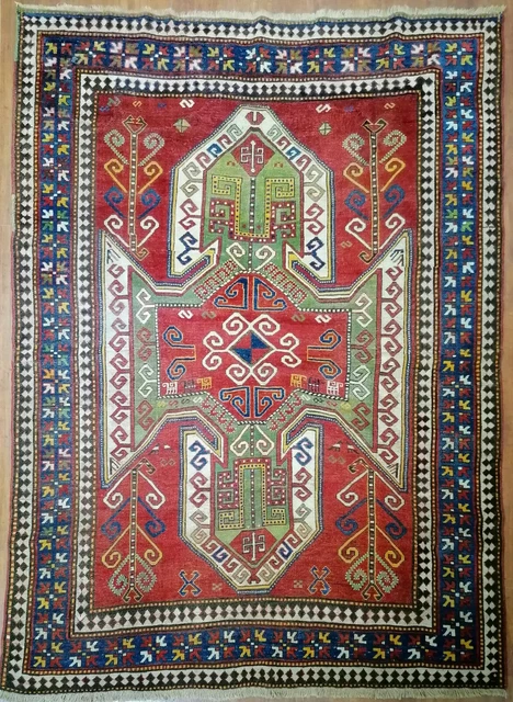 Tapis Caucasien Ancien - Kazak - Fait Main - 197x130 Cm - Spectaculaire !