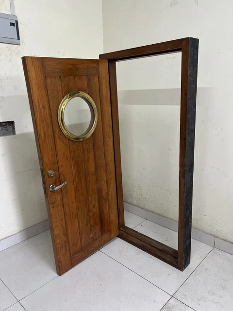 Original Ship Salvaged Vintage Theme Wooden Door with Brass Porthole Window 3