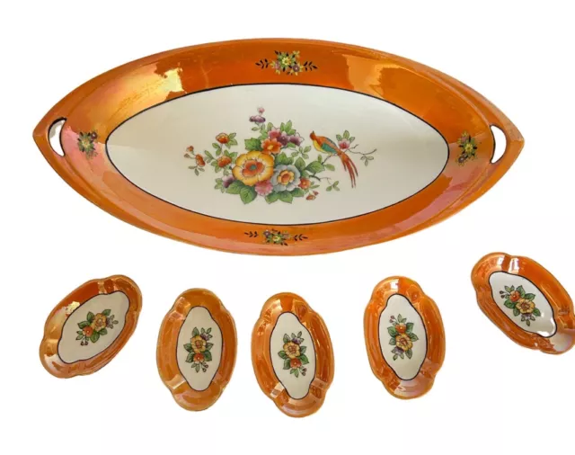 Vtg Noritake Celery Serving Dish w/5 Salt Cellars Hand Painted Orange Lusterware