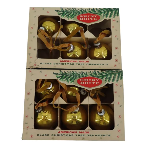 Shiny Brite 9 Gold Glass Ornaments 3.25in Original Boxes Christmas Xmas VTG