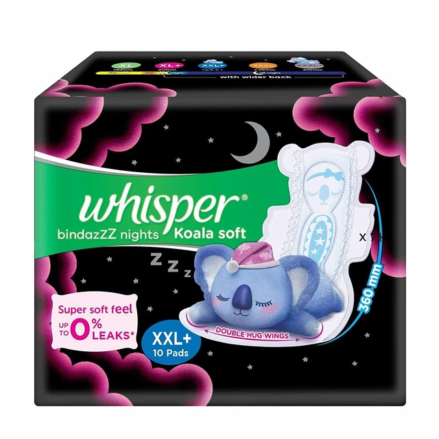 Whisper Bindazzz Nights Koala Soft Damenbinden, XXL-Packung mit 10 Servietten