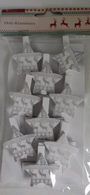 Holzklammern Weihnachtsmotiv - 9 Stück, neu, original verpackt, silberfarben