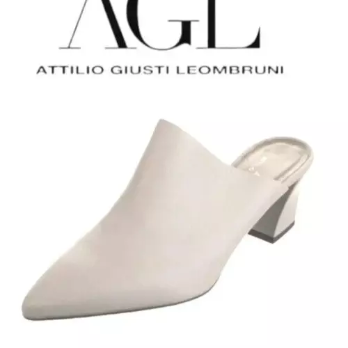 AGL Attilio Giusti Leombruni Beige Ivory Leather Pointed Toe Heel Mules Sz 38.5