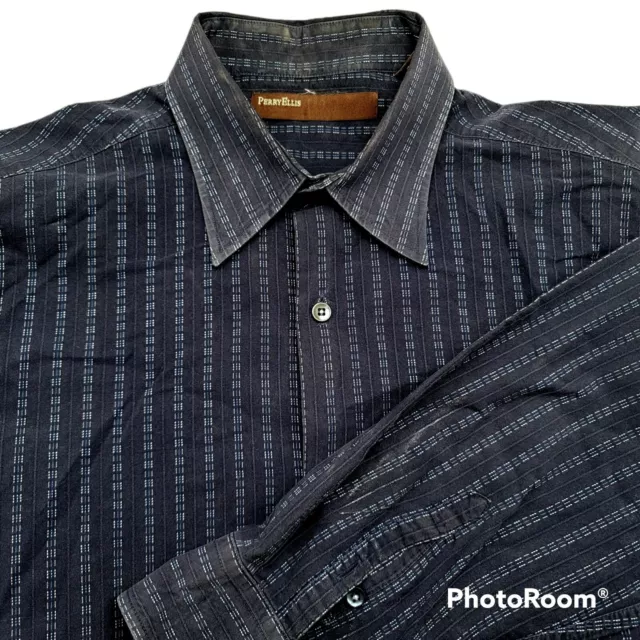 Perry Ellis Button Up Shirt Men's Long Sleeve Blue White Stripe Size M Medium