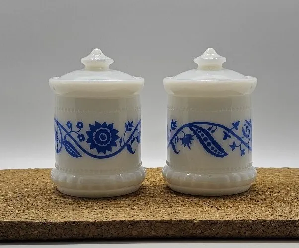 Hazel Atlas Glass Company Blue Sweetpea Milk Glass Jars - Set 2
