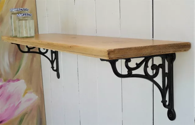 Vintage Style Wooden Shelf - Handmade Pine Country Home - Black Brackets