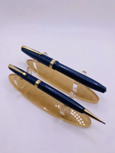 Conway Stewart 76 Fountain Pen Blue Herringbone Matching Pencil No 35 Serviced