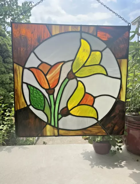 Vintage Tulip Leaded Stained Glass Window Hanging Panel Suncatcher Flower 16X16"