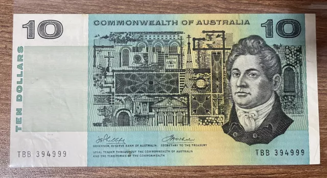 1972 Australian Paper Bank Note $10 Ten Dollars Phillips Wheeler Last Prefix TBB