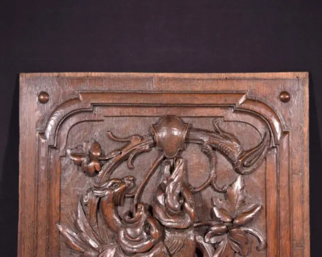 *French Antique Deeply Carved Oak Wood Panel with & Fish Hunting Salvage 4