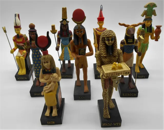 Égypte : Lot De 9 Figurines Égyptienne En Résine Hapy Isis Atoum Neith Nout Iah