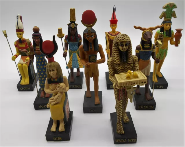 Égypte : Lot De 9 Figurines Égyptienne En Résine Hapy Isis Atoum Neith Nout Iah