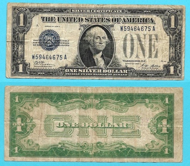 1928 U.S. One Dollar Blue Seal Silver Certificate, circulated, Choice Fine cond.