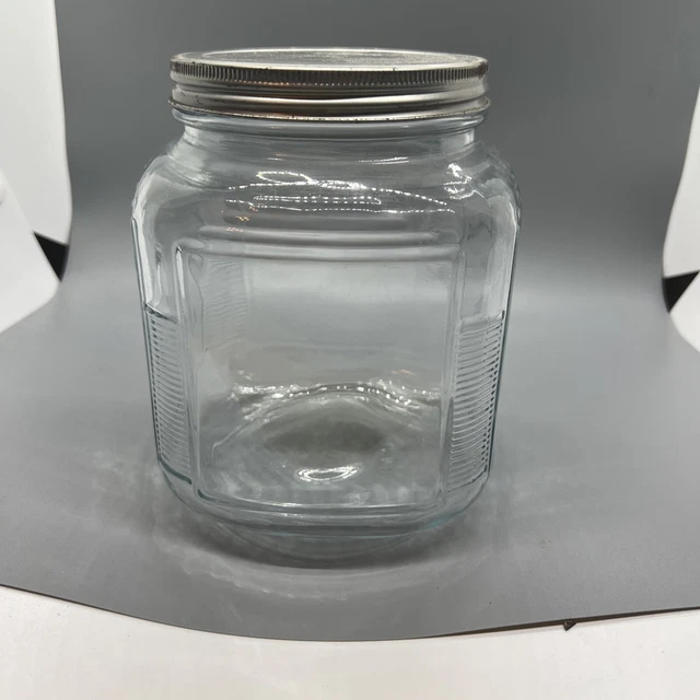 Vintage Hoosier Cabinet Square Ribbed Quart Glass Jar with Metal Lid