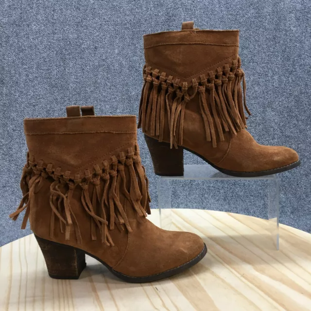Sbicca Boots Womens 7.5 Sound Fringe Ankle Booties Brown Leather Heeled Casual