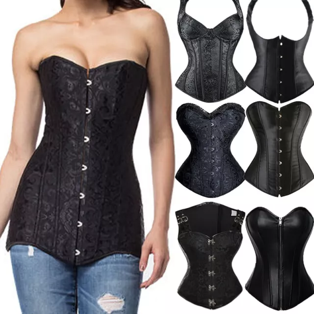 #Sexy Women goth Steel Boned Lace up Black Corset Bustier Long Torso Plus Size