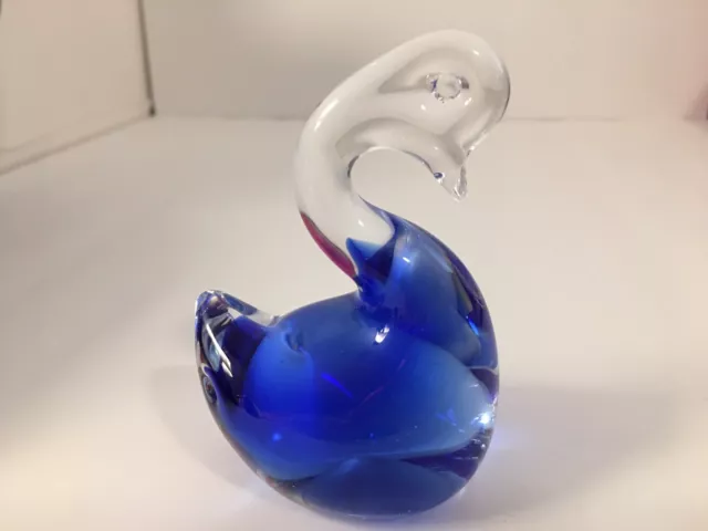 Vintage MURANO Blown Glass Swan Bird Clear Cobalt Blue Figurine Paperweight Art
