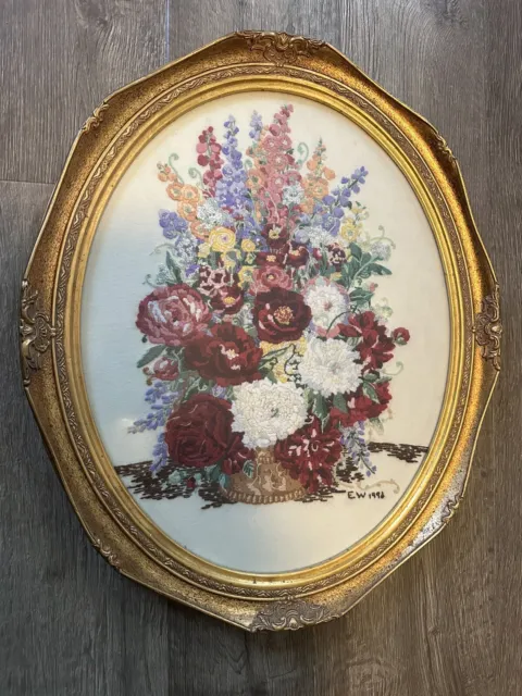 Vintage Hand Embroidered Crewel Floral Bouquet Framed Art 19x23